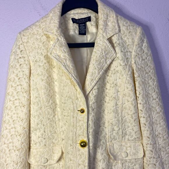 Dialogue Women Off White Eyelet Lace Two Button Blazer Size M - Picture 2 of 8